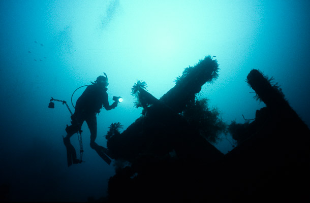 Dave Goynich and bow of WWII 'Japanese Maru' - Morovo Lagoon